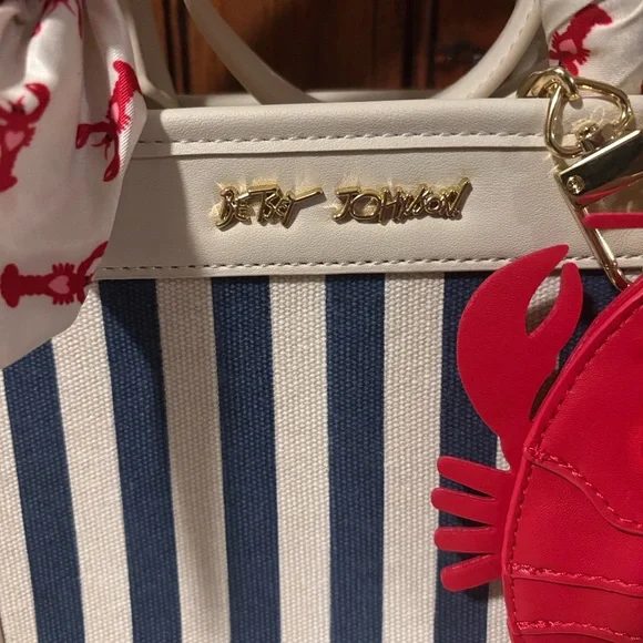 Betsy Johnson Navy and White Striped Mini Bag with Red Lobster Charm - Picture 5 of 14